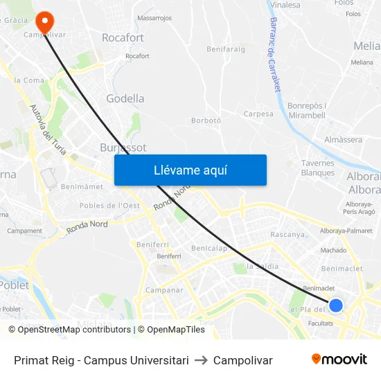 Primat Reig - Campus Universitari to Campolivar map