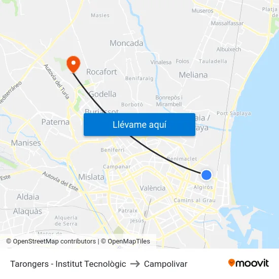 Tarongers - Institut Tecnològic to Campolivar map