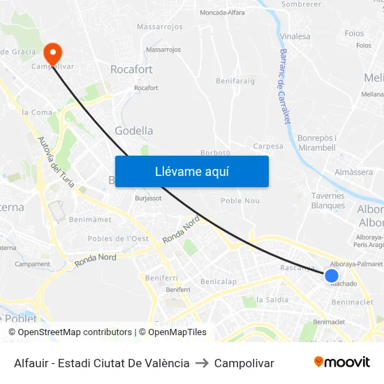 Alfauir - Estadi Ciutat De València to Campolivar map