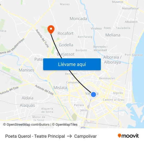 Poeta Querol - Teatre Principal to Campolivar map