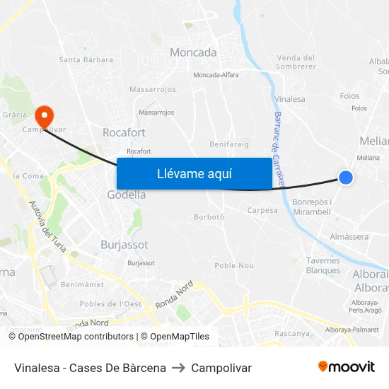 Vinalesa - Cases De Bàrcena to Campolivar map
