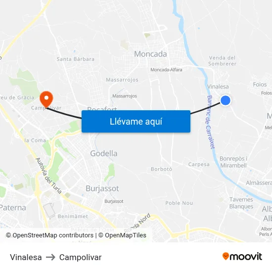 Vinalesa to Campolivar map