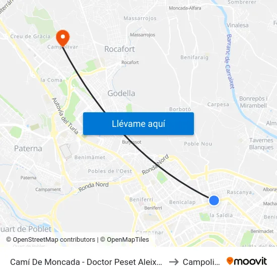 Camí De Moncada - Doctor Peset Aleixandre to Campolivar map