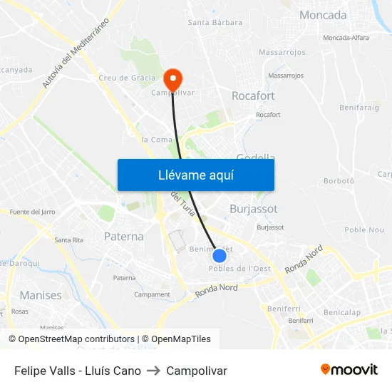 Felipe Valls - Lluís Cano to Campolivar map