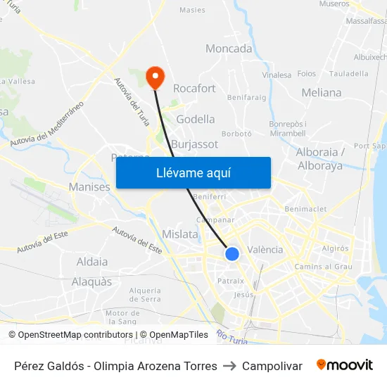 Pérez Galdós - Olimpia Arozena Torres to Campolivar map