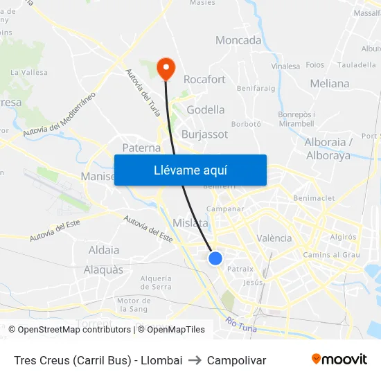 Tres Creus (Carril Bus) - Llombai to Campolivar map