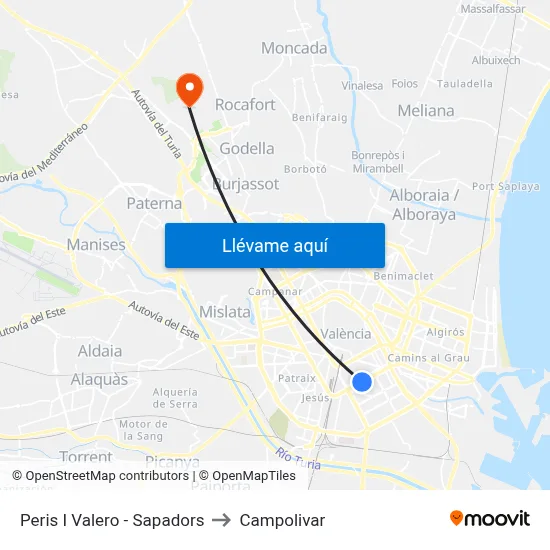 Peris I Valero - Sapadors to Campolivar map