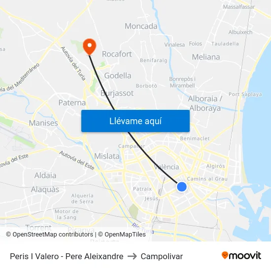 Peris I Valero - Pere Aleixandre to Campolivar map