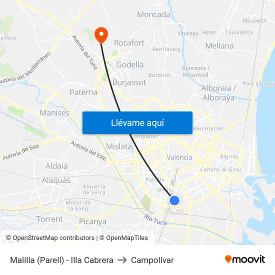 Malilla (Parell) - Illa Cabrera to Campolivar map