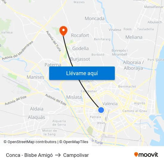 Conca - Bisbe Amigó to Campolivar map