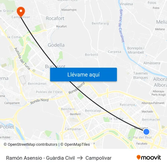 Ramón Asensio - Guàrdia Civil to Campolivar map