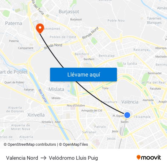 Valencia Nord to Velódromo Lluis Puig map