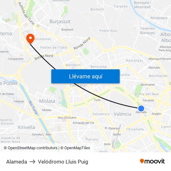 Alameda to Velódromo Lluis Puig map