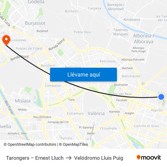 Tarongers – Ernest Lluch to Velódromo Lluis Puig map