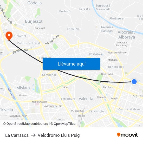 La Carrasca to Velódromo Lluis Puig map