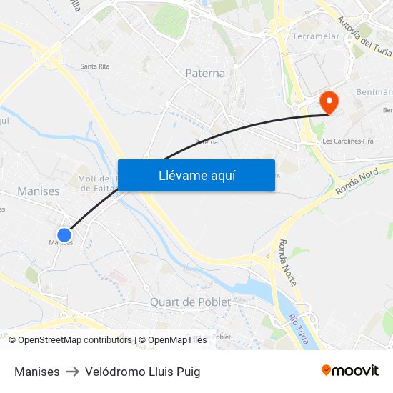 Manises to Velódromo Lluis Puig map