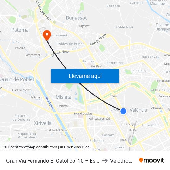 Gran Vía Fernando El Católico, 10 – Estació Metro Ángel Guimerá [València] to Velódromo Lluis Puig map