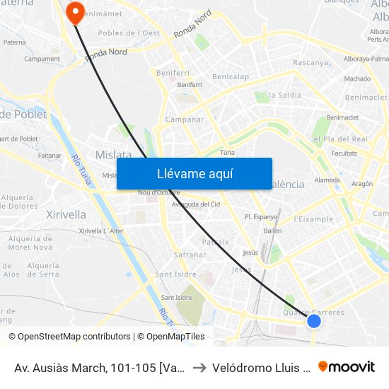 Av. Ausiàs March, 101-105 [València] to Velódromo Lluis Puig map
