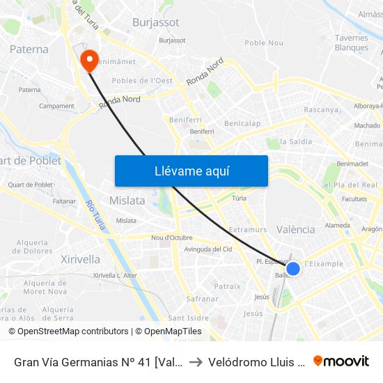 Gran Vía Germanias Nº 41 [València] to Velódromo Lluis Puig map