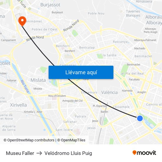 Museu Faller to Velódromo Lluis Puig map
