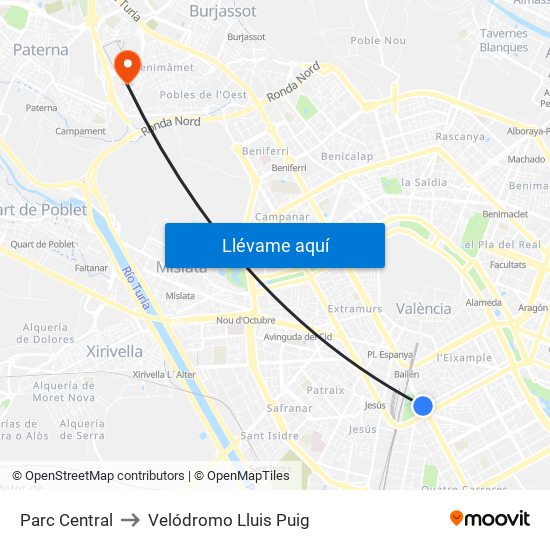 Parc Central to Velódromo Lluis Puig map