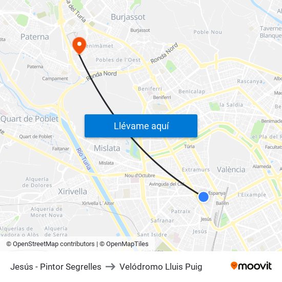 Jesús - Pintor Segrelles to Velódromo Lluis Puig map