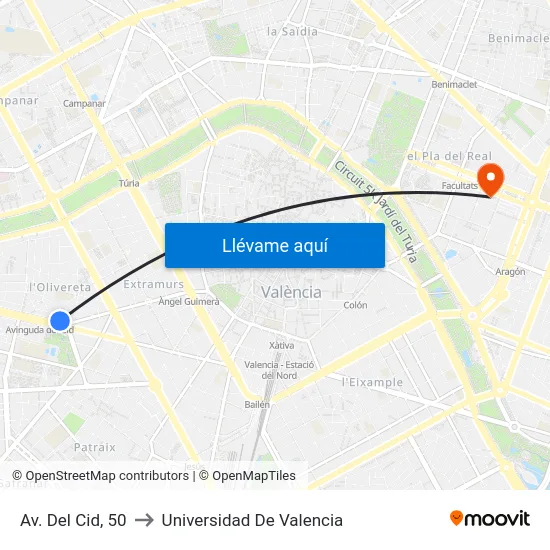 València. Parc De L'Oest - Germans Rivas to Universidad De Valencia map