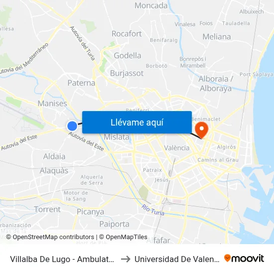 Villalba De Lugo - Ambulatorio to Universidad De Valencia map