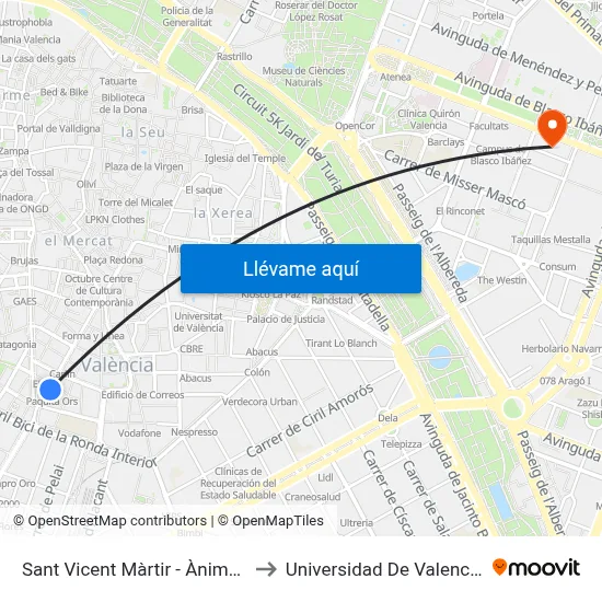 Sant Vicent Màrtir - Ànimes to Universidad De Valencia map