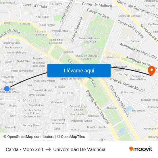 Carda - Moro Zeit to Universidad De Valencia map