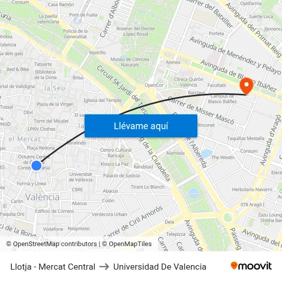 Llotja - Mercat Central to Universidad De Valencia map
