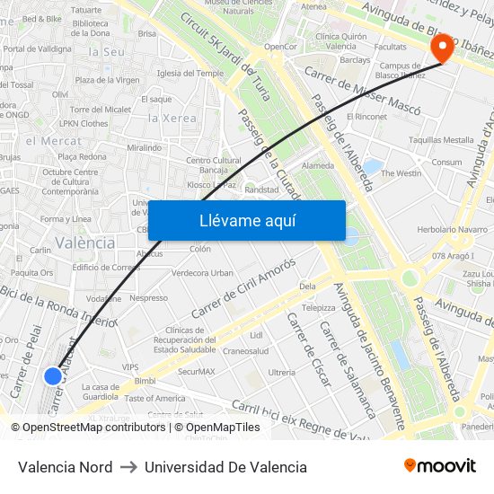 Valencia Nord to Universidad De Valencia map