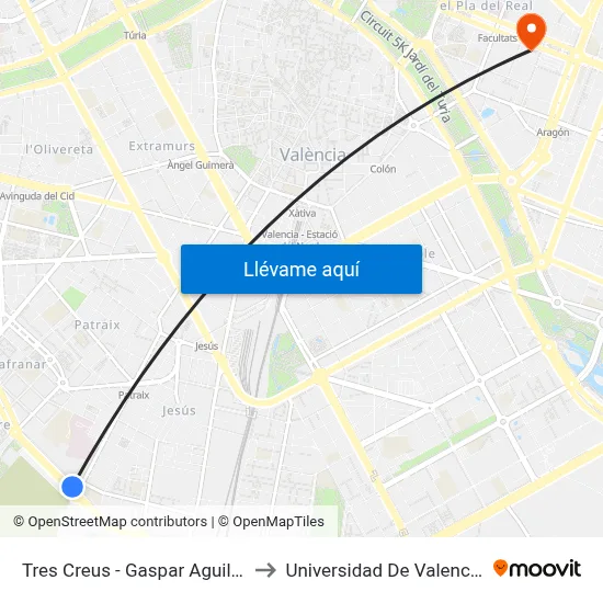 Tres Creus - Gaspar Aguilar to Universidad De Valencia map