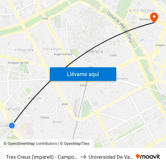 Tres Creus (Imparell) - Campos Crespo to Universidad De Valencia map