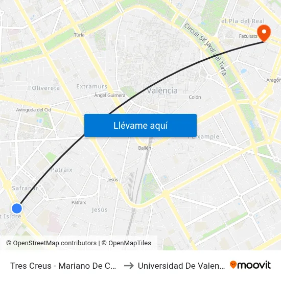 Tres Creus - Mariano De Cavia to Universidad De Valencia map