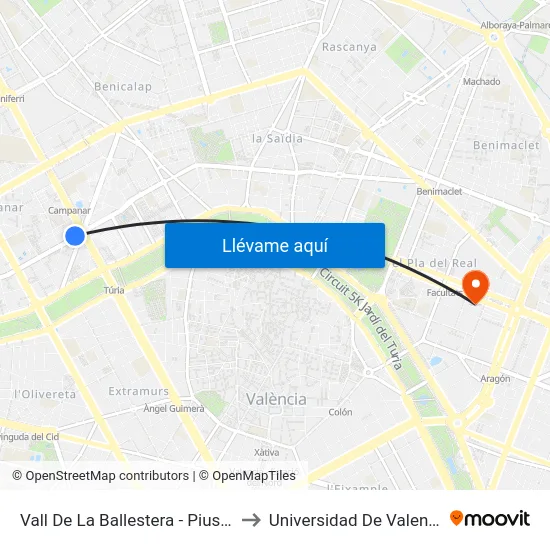 Vall De La Ballestera - Pius XII to Universidad De Valencia map