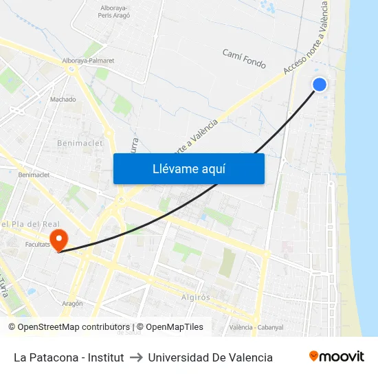 La Patacona - Institut to Universidad De Valencia map