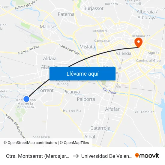 Crta. Monserrat - Mercajardín to Universidad De Valencia map