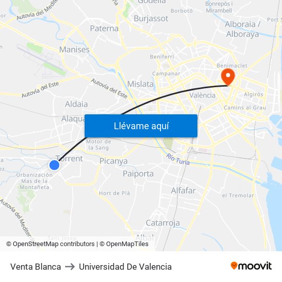 Venta Blanca to Universidad De Valencia map