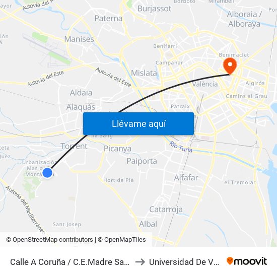 Calle A Coruña / C.E.Madre Sacramento to Universidad De Valencia map