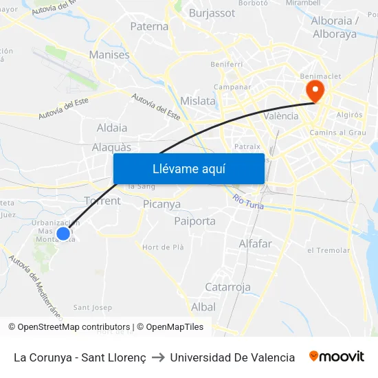 La Corunya - Sant Llorenç to Universidad De Valencia map