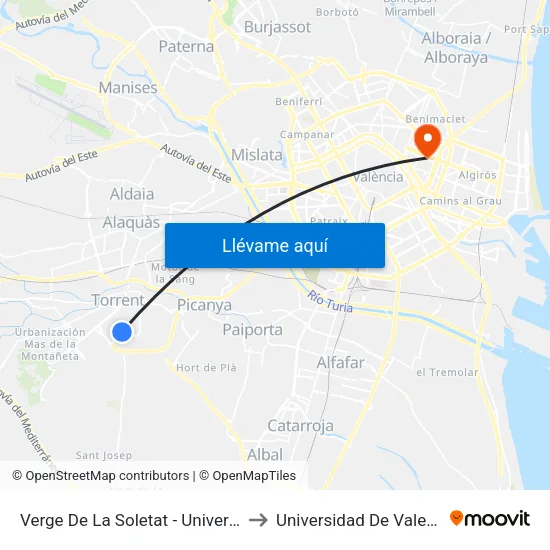 Verge De La Soletat - Universitat to Universidad De Valencia map