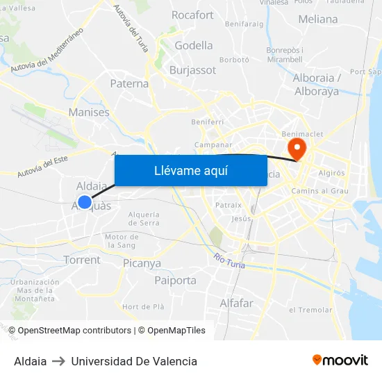 Aldaia to Universidad De Valencia map