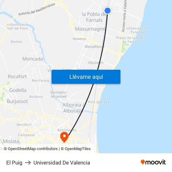 El Puig to Universidad De Valencia map
