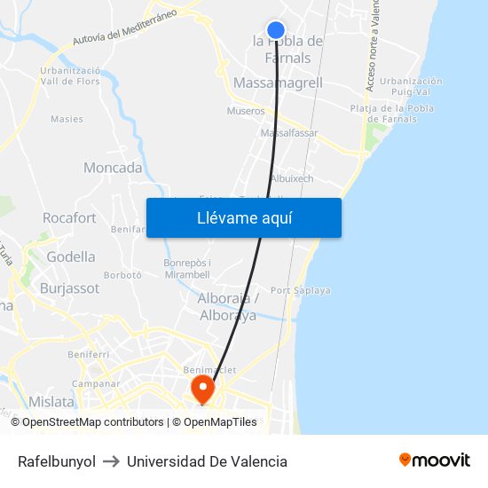 Rafelbunyol to Universidad De Valencia map