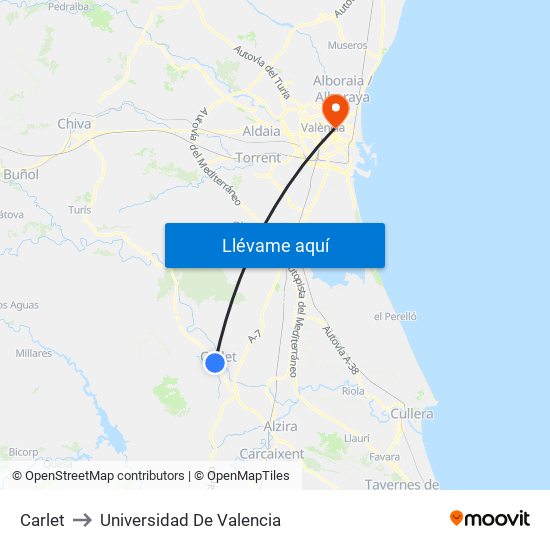 Carlet to Universidad De Valencia map