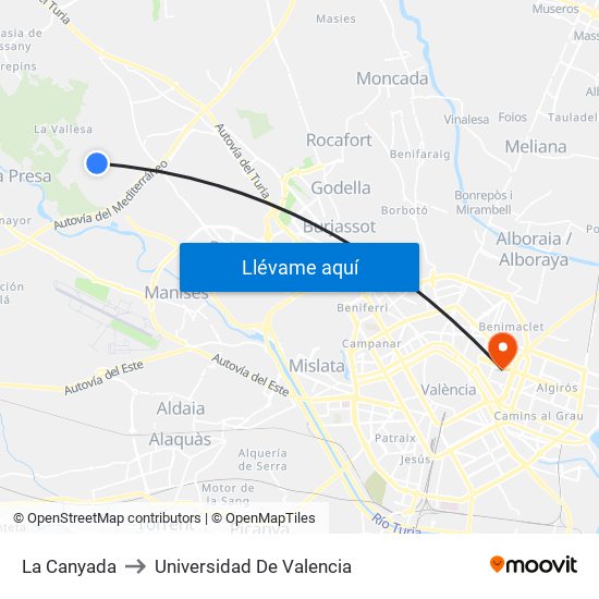La Canyada to Universidad De Valencia map