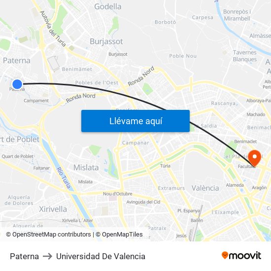 Paterna to Universidad De Valencia map