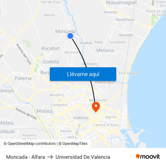 Moncada - Alfara to Universidad De Valencia map