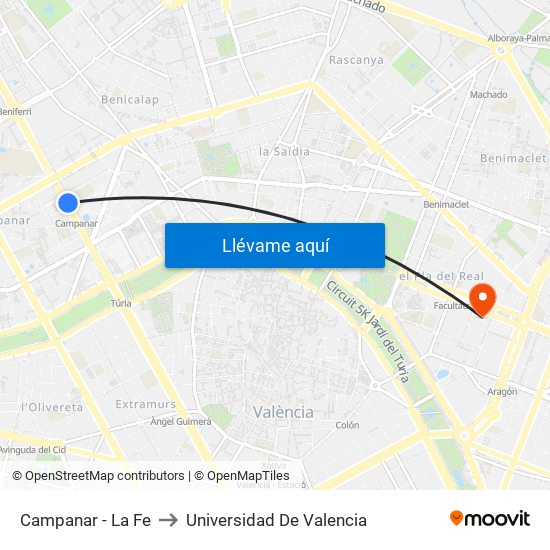 Campanar - La Fe to Universidad De Valencia map